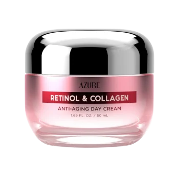 Front-facing jar of Azure Retinol & Collagen Anti-Aging Day Cream 50ml with white and gold packaging on a clean white background